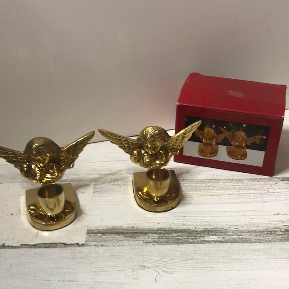 Set of 2 Solid Brass Angel Candlestick Holders India Cherubs Holiday Christmas - Picture 1 of 7
